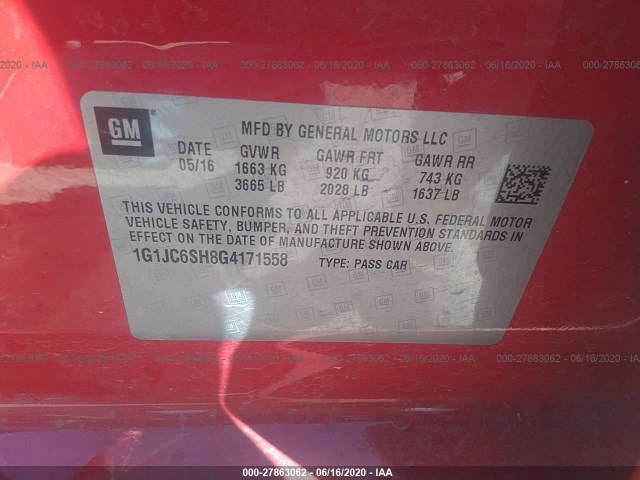 Photo 8 VIN: 1G1JC6SH8G4171558 - CHEVROLET SONIC 