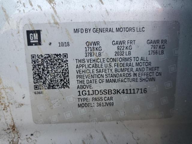 Photo 11 VIN: 1G1JD5SB3K4111716 - CHEVROLET SONIC LT 