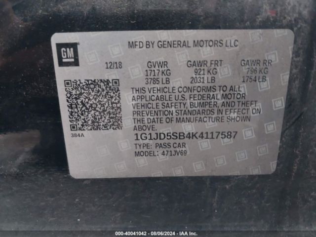 Photo 8 VIN: 1G1JD5SB4K4117587 - CHEVROLET SONIC 