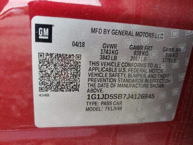 Photo 9 VIN: 1G1JD5SB7J4126945 - CHEVROLET SONIC LT 