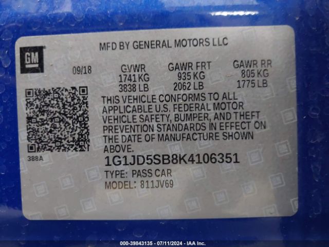 Photo 8 VIN: 1G1JD5SB8K4106351 - CHEVROLET SONIC 