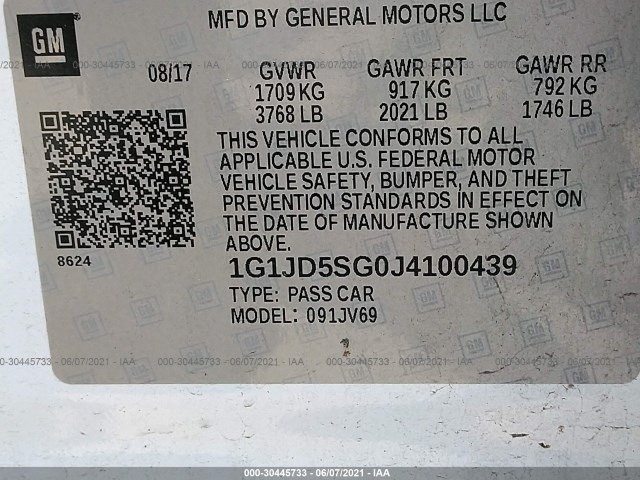 Photo 8 VIN: 1G1JD5SG0J4100439 - CHEVROLET SONIC 