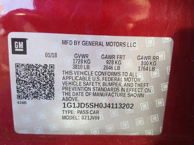 Photo 9 VIN: 1G1JD5SH0J4113202 - CHEVROLET SONIC LT 