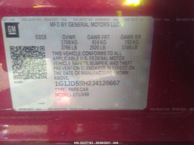 Photo 8 VIN: 1G1JD5SH2J4120667 - CHEVROLET SONIC 