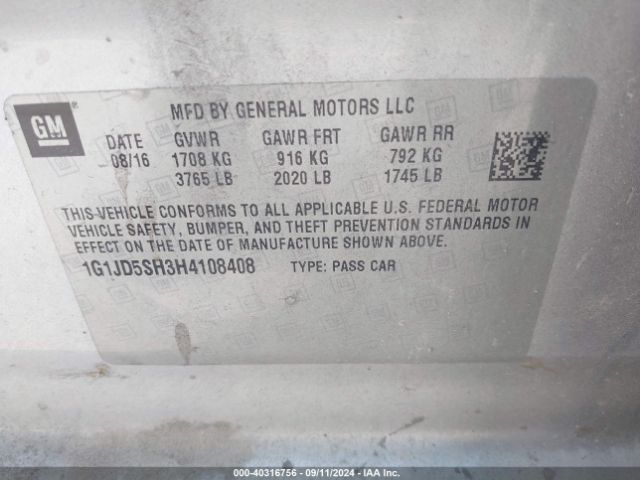 Photo 8 VIN: 1G1JD5SH3H4108408 - CHEVROLET SONIC 