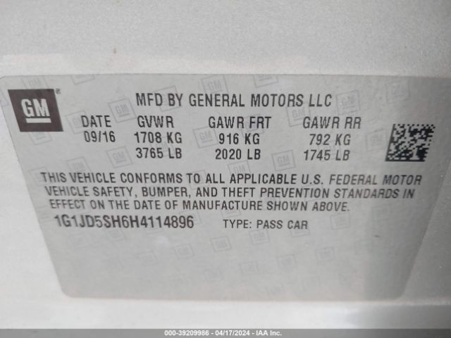 Photo 8 VIN: 1G1JD5SH6H4114896 - CHEVROLET SONIC 