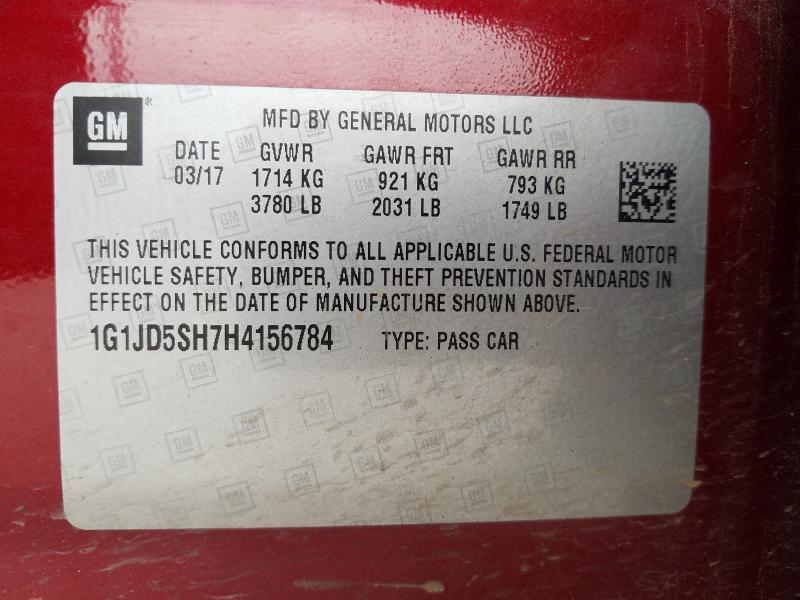 Photo 9 VIN: 1G1JD5SH7H4156784 - CHEVROLET SONIC LT 