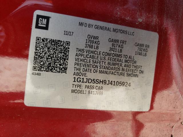 Photo 9 VIN: 1G1JD5SH9J4105924 - CHEVROLET SONIC LT 