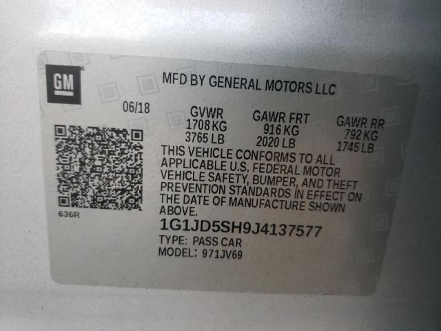 Photo 9 VIN: 1G1JD5SH9J4137577 - CHEVROLET SONIC LT 