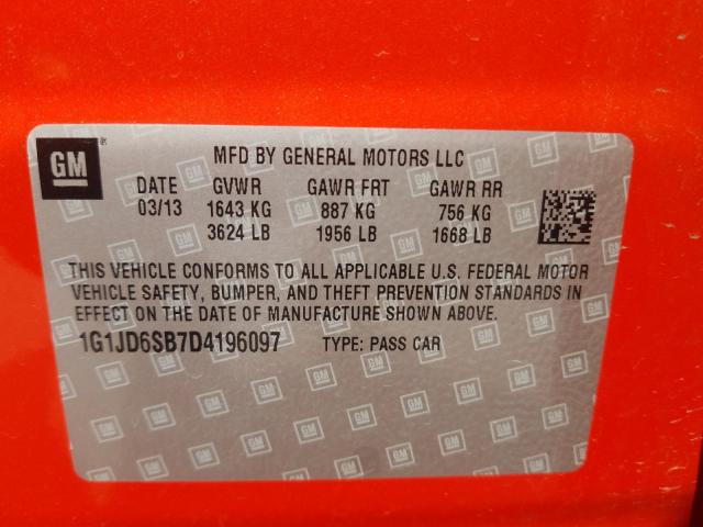 Photo 9 VIN: 1G1JD6SB7D4196097 - CHEVROLET SONIC LT 