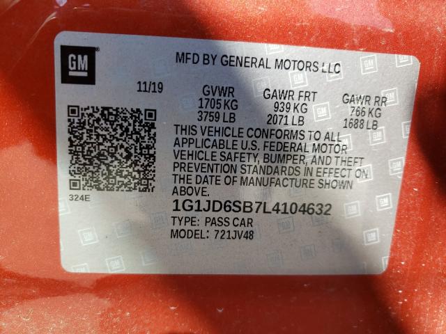 Photo 9 VIN: 1G1JD6SB7L4104632 - CHEVROLET SONIC LT 