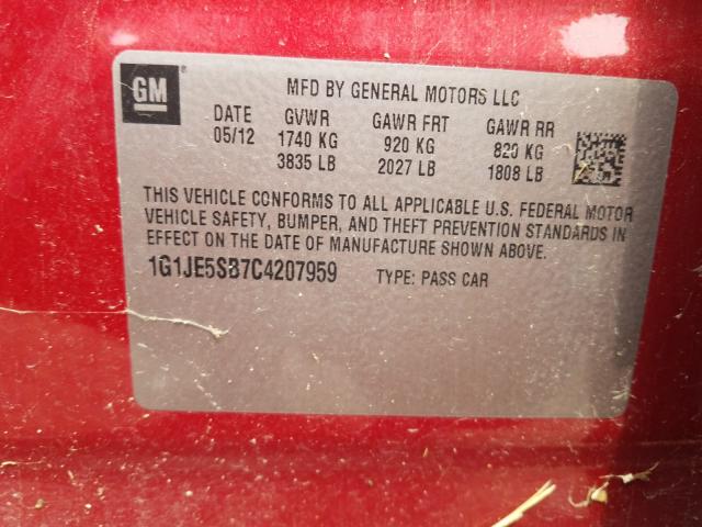 Photo 9 VIN: 1G1JE5SB7C4207959 - CHEVROLET SONIC LTZ 