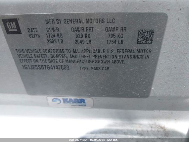 Photo 8 VIN: 1G1JE5SB7G4147669 - CHEVROLET SONIC 