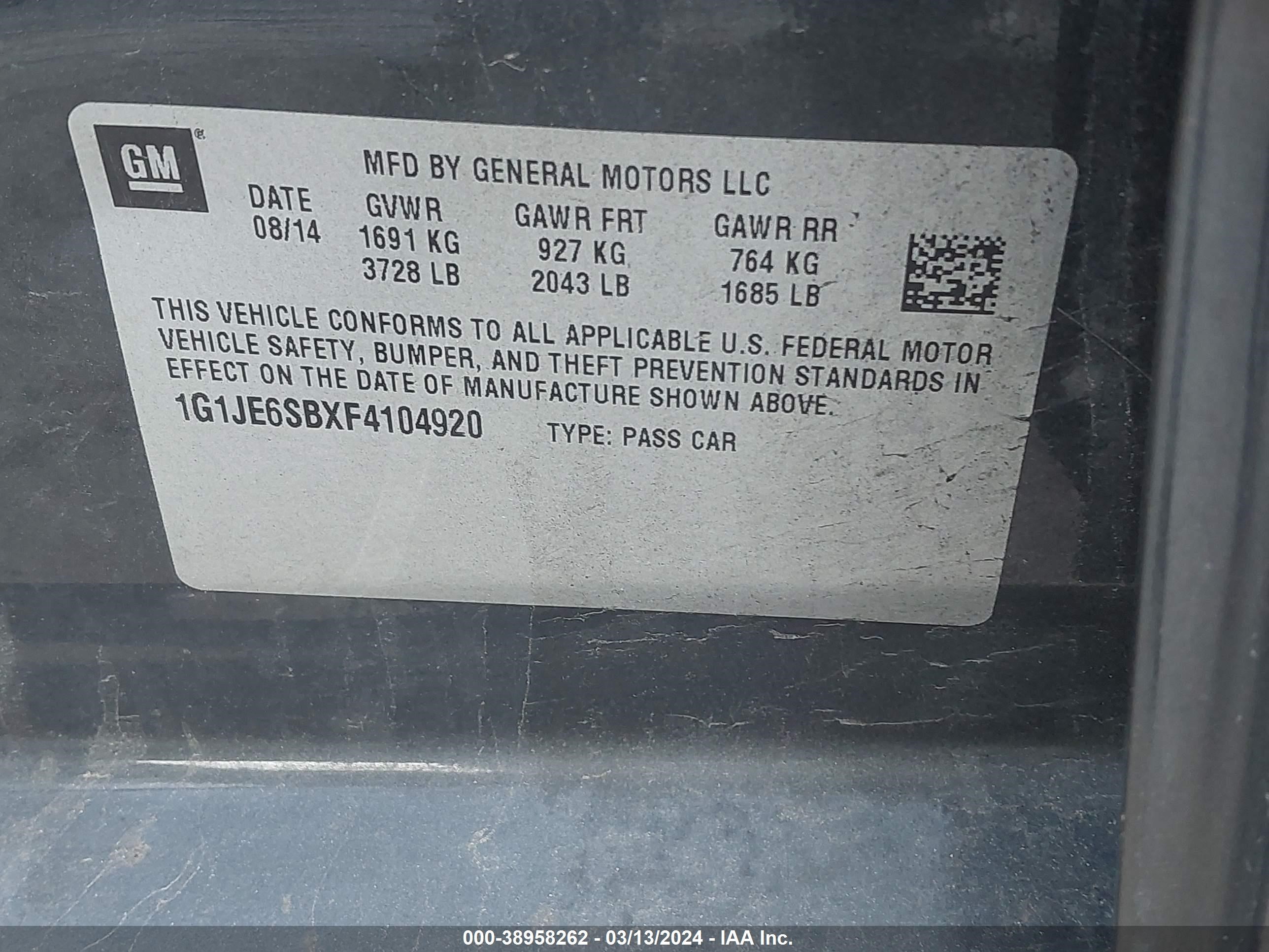 Photo 8 VIN: 1G1JE6SBXF4104920 - CHEVROLET SONIC 