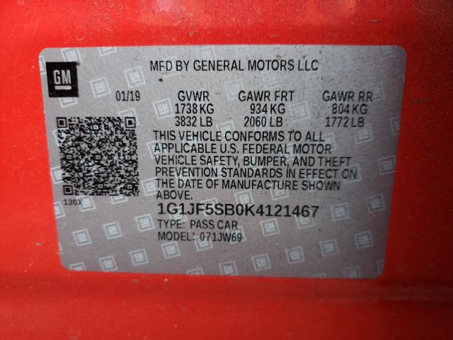 Photo 9 VIN: 1G1JF5SB0K4121467 - CHEVROLET SONIC PREM 