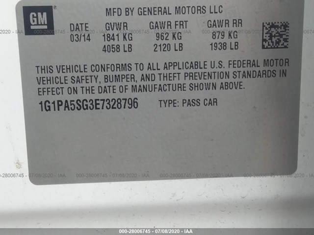 Photo 8 VIN: 1G1PA5SG3E7328796 - CHEVROLET CRUZE 