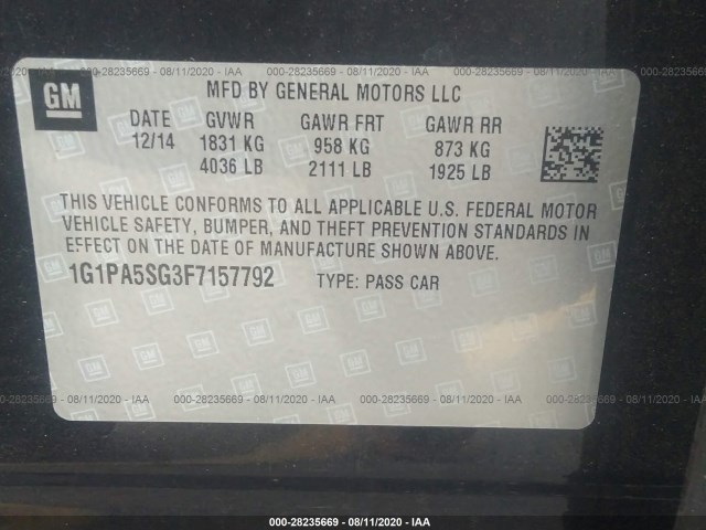 Photo 8 VIN: 1G1PA5SG3F7157792 - CHEVROLET CRUZE 