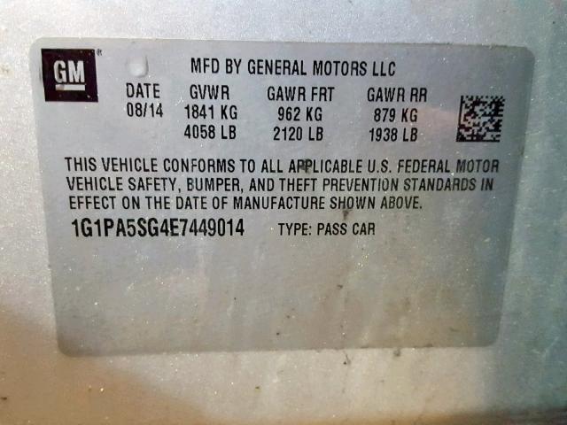 Photo 9 VIN: 1G1PA5SG4E7449014 - CHEVROLET CRUZE LS 