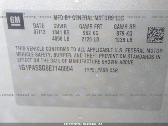 Photo 8 VIN: 1G1PA5SG6E7140094 - CHEVROLET CRUZE 