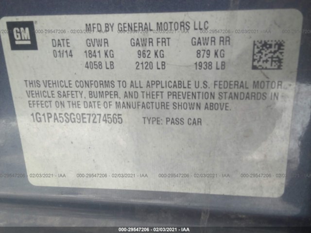 Photo 8 VIN: 1G1PA5SG9E7274565 - CHEVROLET CRUZE 