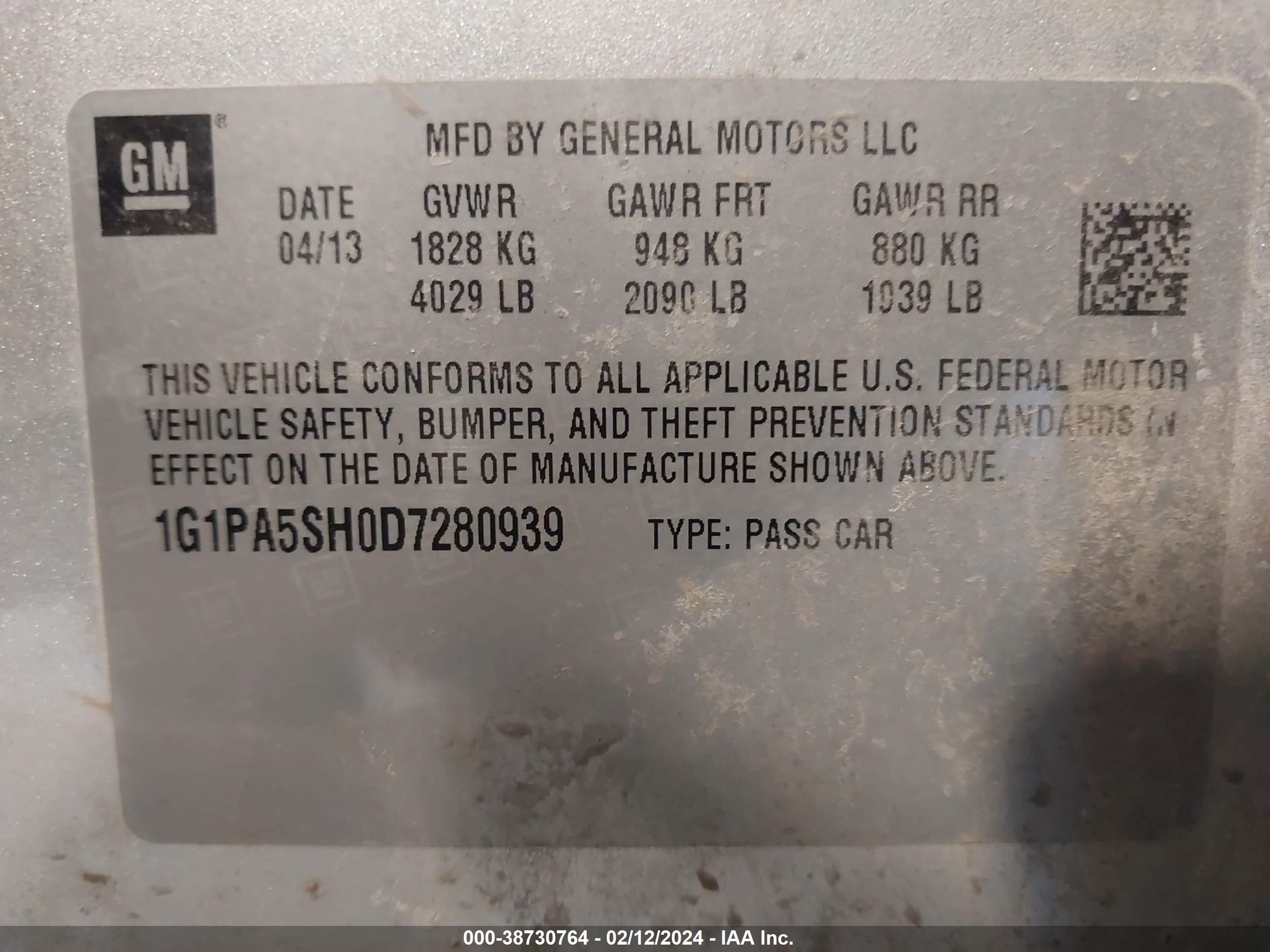 Photo 8 VIN: 1G1PA5SH0D7280939 - CHEVROLET CRUZE 