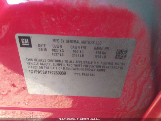 Photo 8 VIN: 1G1PA5SH1F7259939 - CHEVROLET CRUZE 