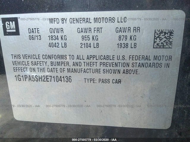 Photo 8 VIN: 1G1PA5SH2E7104136 - CHEVROLET CRUZE 