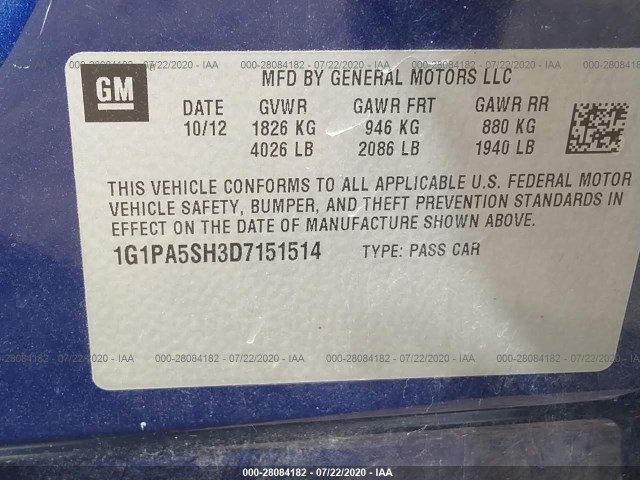 Photo 8 VIN: 1G1PA5SH3D7151514 - CHEVROLET CRUZE 