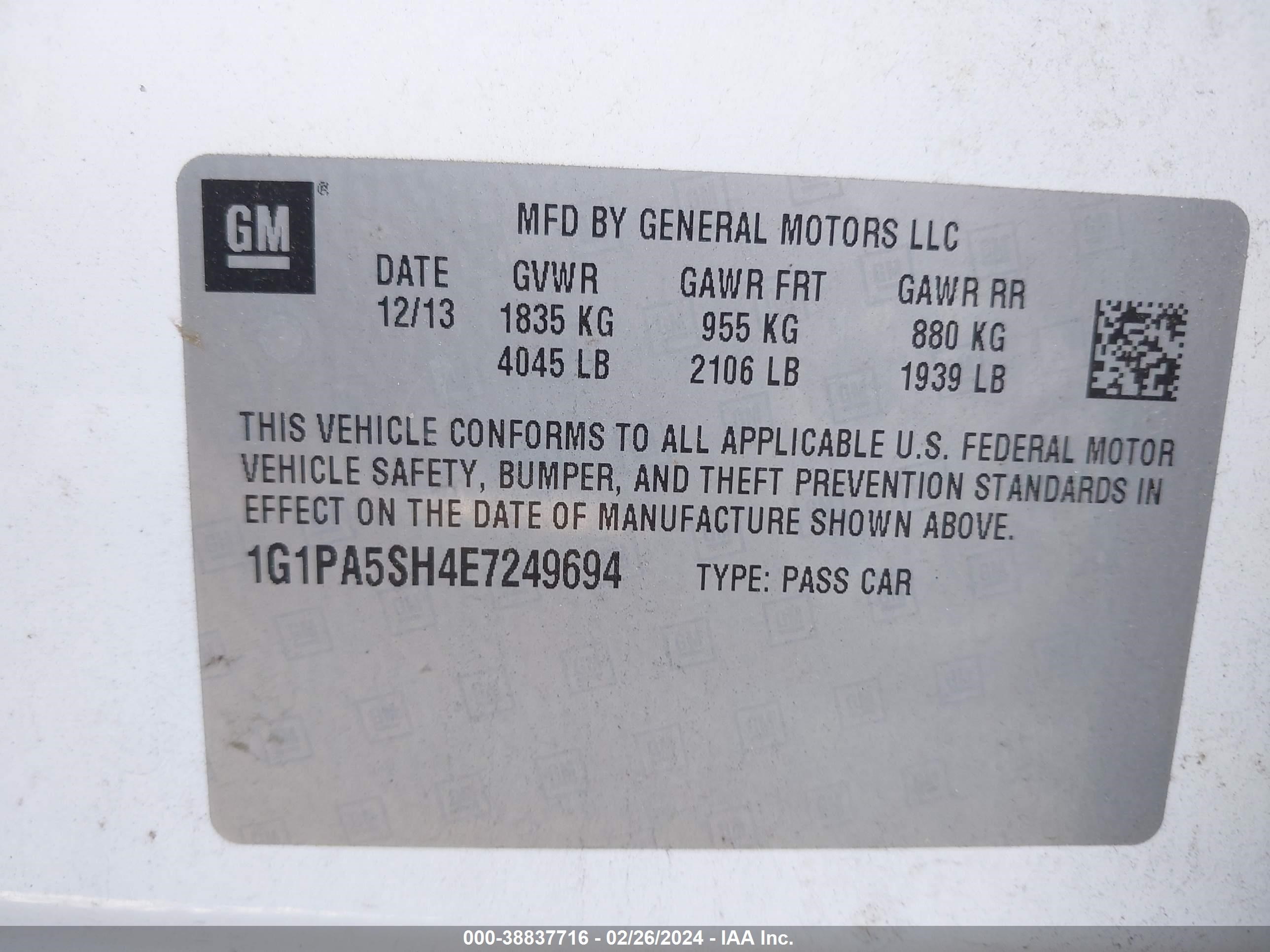 Photo 8 VIN: 1G1PA5SH4E7249694 - CHEVROLET CRUZE 