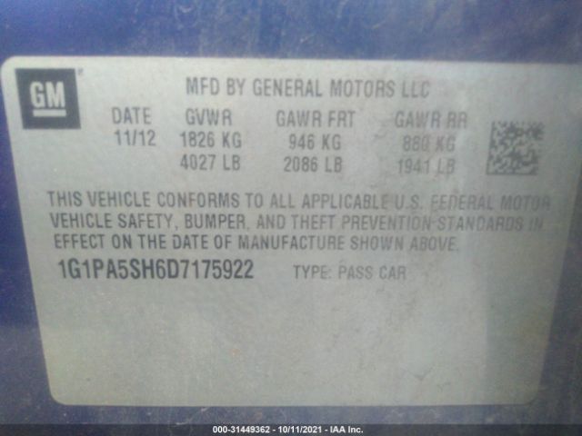 Photo 8 VIN: 1G1PA5SH6D7175922 - CHEVROLET CRUZE 