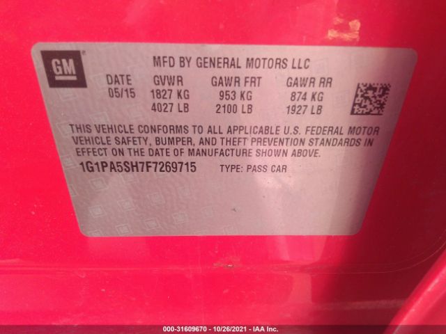 Photo 8 VIN: 1G1PA5SH7F7269715 - CHEVROLET CRUZE 