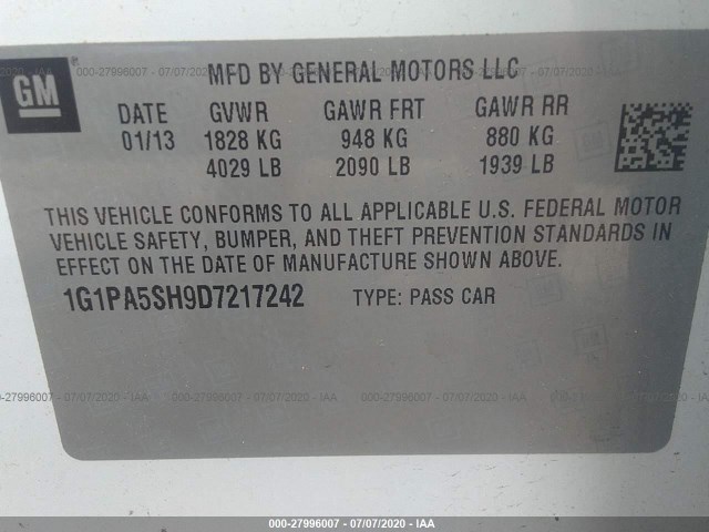 Photo 8 VIN: 1G1PA5SH9D7217242 - CHEVROLET CRUZE 