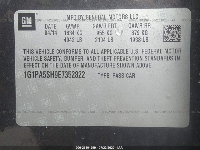 Photo 8 VIN: 1G1PA5SH9E7352822 - CHEVROLET CRUZE 