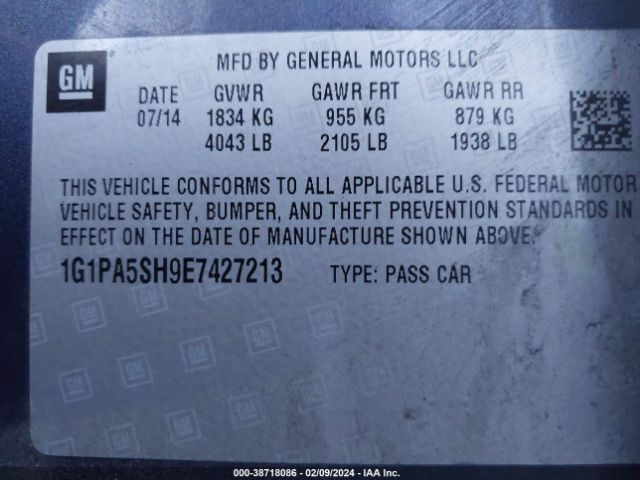 Photo 8 VIN: 1G1PA5SH9E7427213 - CHEVROLET CRUZE 