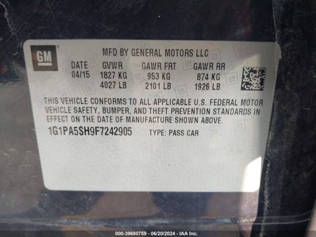 Photo 8 VIN: 1G1PA5SH9F7242905 - CHEVROLET CRUZE 