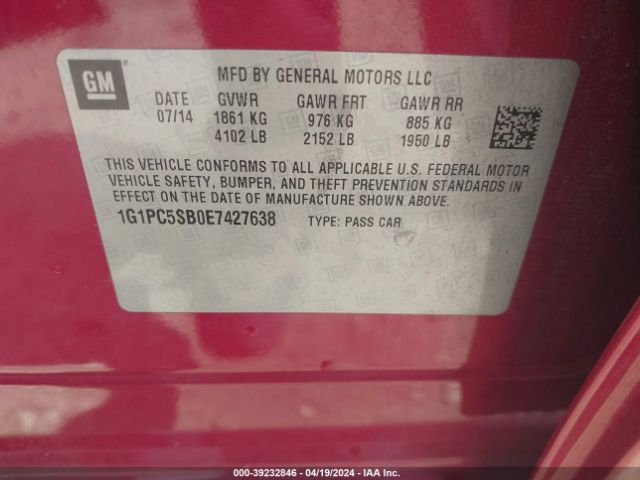 Photo 8 VIN: 1G1PC5SB0E7427638 - CHEVROLET CRUZE 