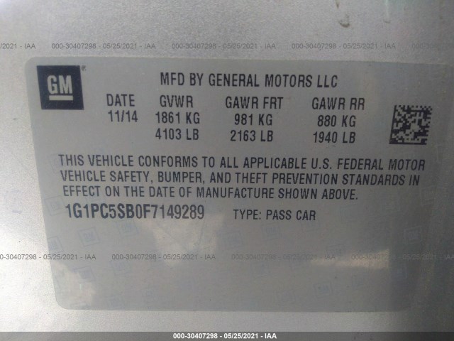 Photo 8 VIN: 1G1PC5SB0F7149289 - CHEVROLET CRUZE 