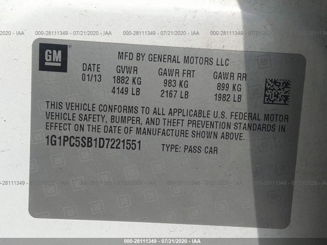 Photo 8 VIN: 1G1PC5SB1D7221551 - CHEVROLET CRUZE 