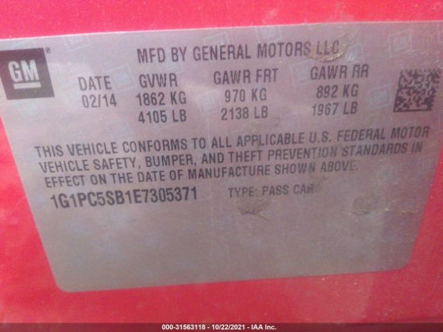 Photo 8 VIN: 1G1PC5SB1E7305371 - CHEVROLET CRUZE 