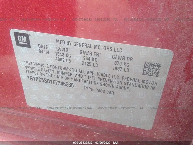 Photo 8 VIN: 1G1PC5SB1E7346566 - CHEVROLET CRUZE 