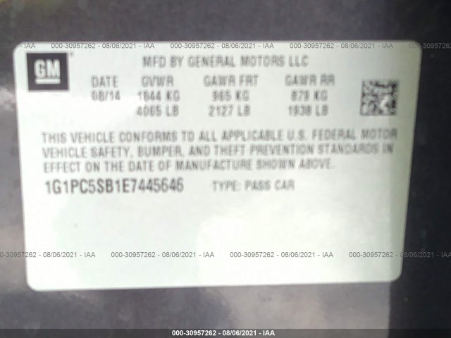 Photo 8 VIN: 1G1PC5SB1E7445646 - CHEVROLET CRUZE 