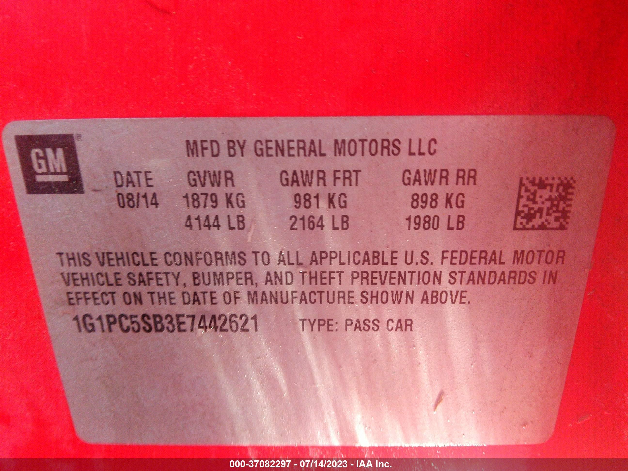 Photo 8 VIN: 1G1PC5SB3E7442621 - CHEVROLET CRUZE 