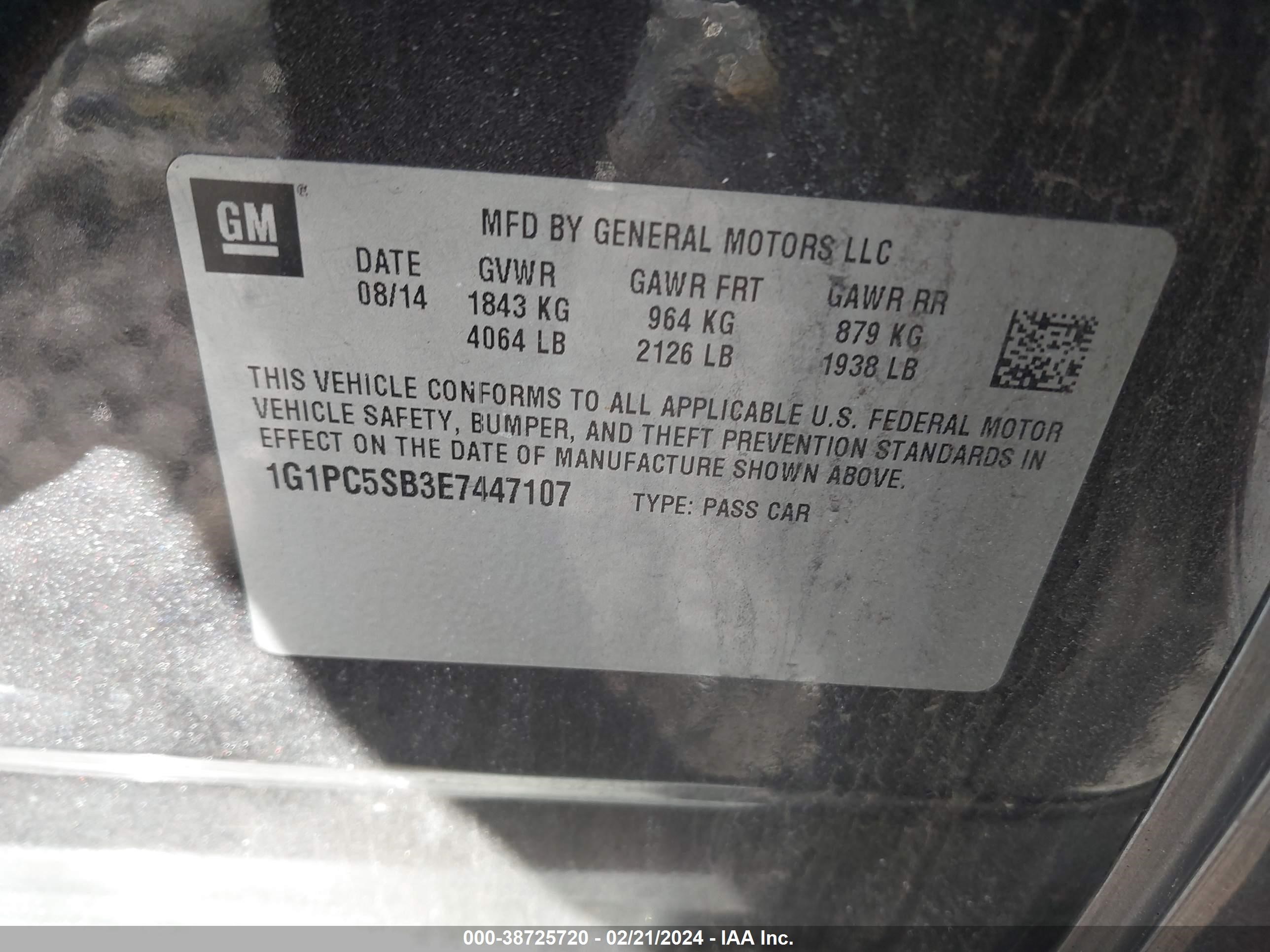 Photo 8 VIN: 1G1PC5SB3E7447107 - CHEVROLET CRUZE 