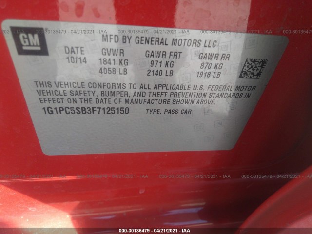 Photo 8 VIN: 1G1PC5SB3F7125150 - CHEVROLET CRUZE 