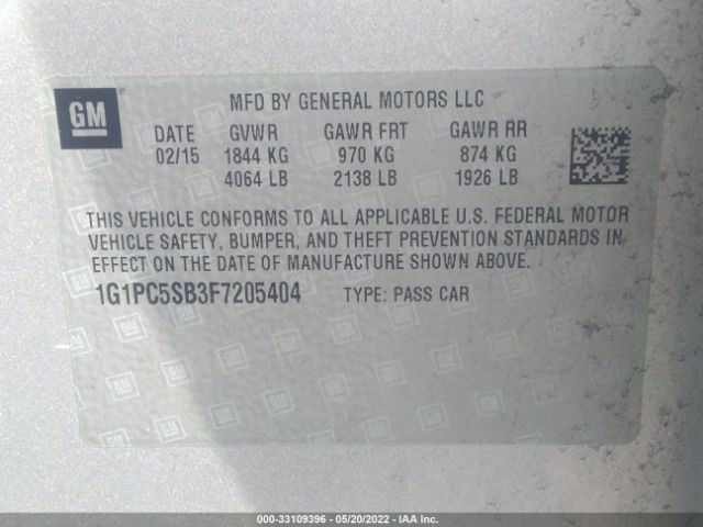 Photo 8 VIN: 1G1PC5SB3F7205404 - CHEVROLET CRUZE 