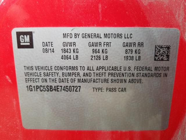 Photo 9 VIN: 1G1PC5SB4E7450727 - CHEVROLET CRUZE LT 