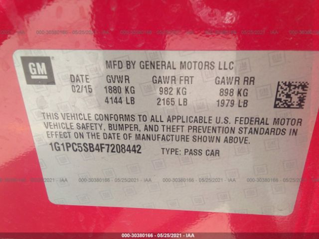 Photo 8 VIN: 1G1PC5SB4F7208442 - CHEVROLET CRUZE 