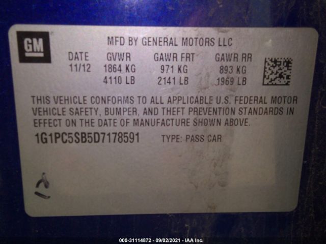 Photo 8 VIN: 1G1PC5SB5D7178591 - CHEVROLET CRUZE 