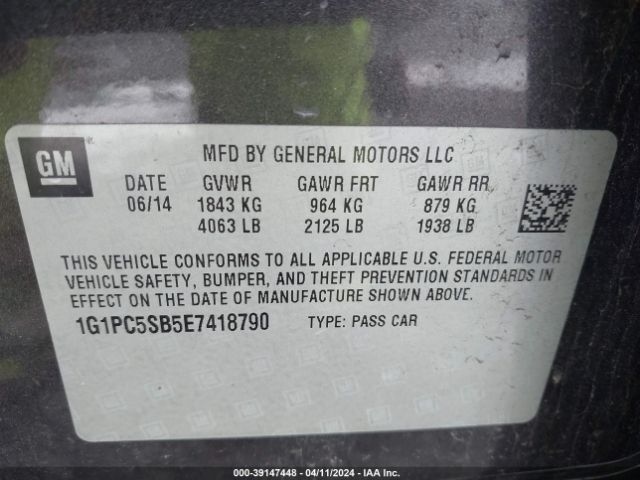 Photo 8 VIN: 1G1PC5SB5E7418790 - CHEVROLET CRUZE 