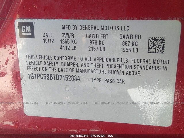 Photo 8 VIN: 1G1PC5SB7D7152834 - CHEVROLET CRUZE 